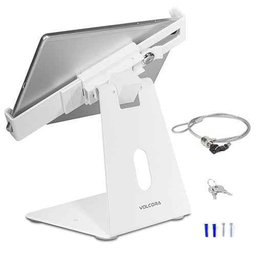 Volcora Anti-Theft Tablet Stand iPad Security Holder with Lock, White 10-13 Inch Kiosk Stand Mount, Swivel, Adjustable, for iPad Pro, Air, POS Register, Retail Business, Checkout, Cashier - Image 1