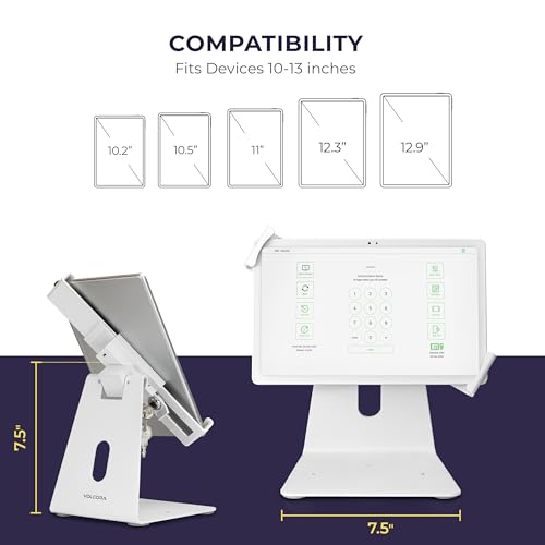 Volcora Anti-Theft Tablet Stand iPad Security Holder with Lock, White 10-13 Inch Kiosk Stand Mount, Swivel, Adjustable, for iPad Pro, Air, POS Register, Retail Business, Checkout, Cashier - Image 2