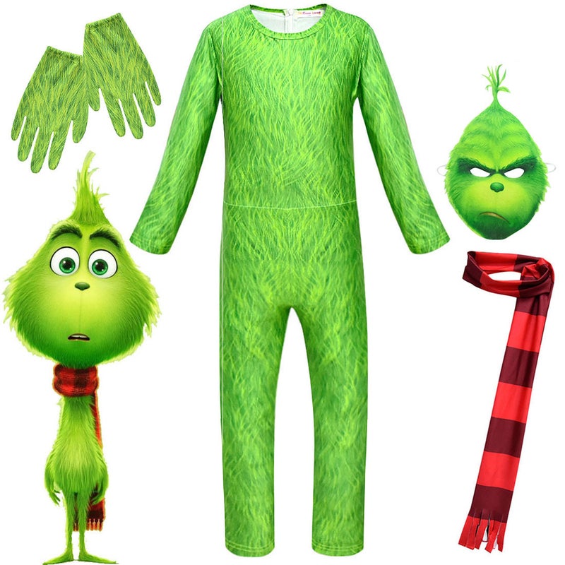 Kids Grinch Cosplay Bodysuit Halloween Costume Grinch jumpsuit + mask + gloves + scarf 