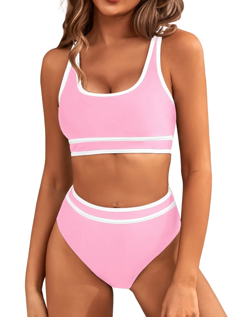 BMJL Women's High Waisted Bikini Sets Sporty Two Piece Swimsuits Color Block Cheeky High Cut Bathing Suits(L,Pink) - Image 1