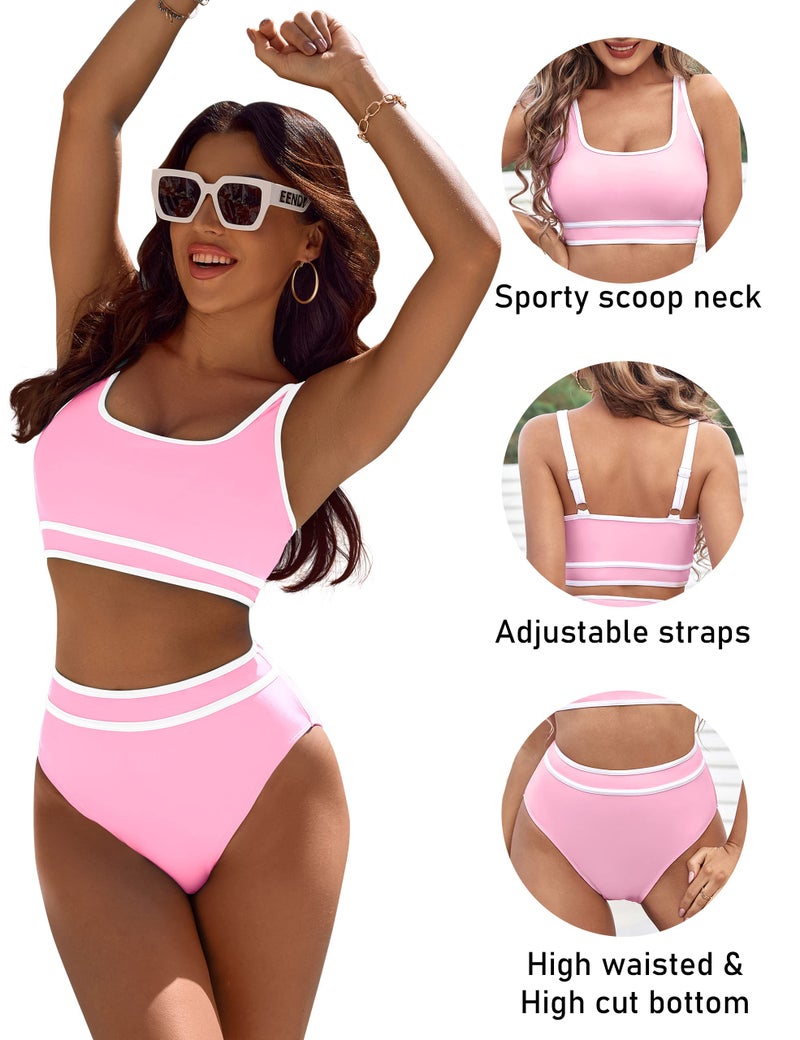 BMJL Women's High Waisted Bikini Sets Sporty Two Piece Swimsuits Color Block Cheeky High Cut Bathing Suits(L,Pink) - Image 4