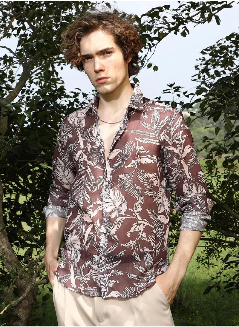 Campus Sutra Men's Chocolate Brown Canopy Imprint Shirt
