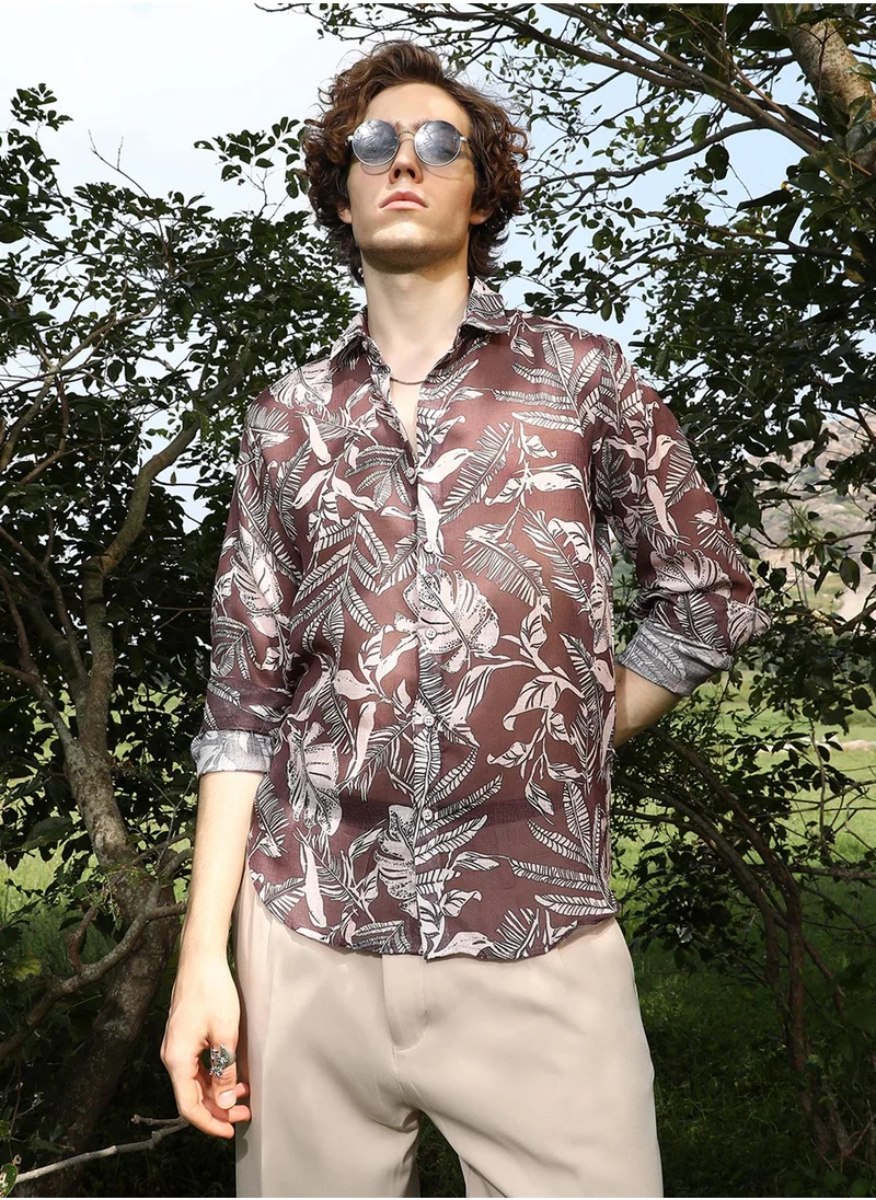 Campus Sutra Men's Chocolate Brown Canopy Imprint Shirt