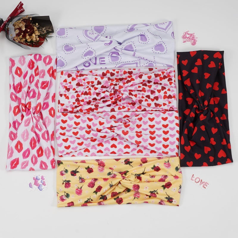 Lonext 6 Piece Valentine's Day Headbands, Black Red Pink Wide Turban Head Wraps, Stretchy Non Slip Hair Bands with Love Lip Heart XOXO Pattern for Women - Image 2