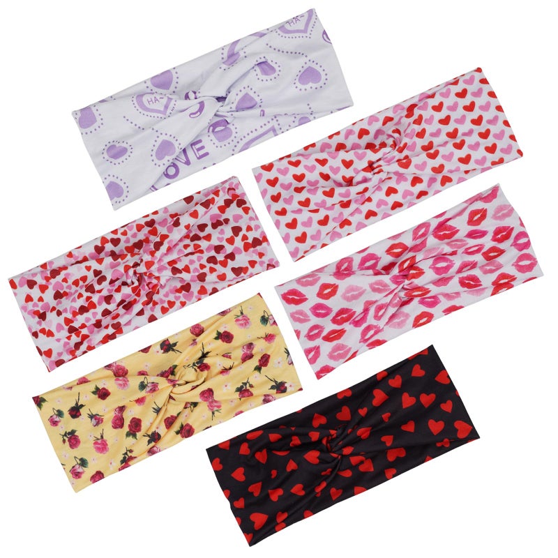 Lonext 6 Piece Valentine's Day Headbands, Black Red Pink Wide Turban Head Wraps, Stretchy Non Slip Hair Bands with Love Lip Heart XOXO Pattern for Women - Image 1