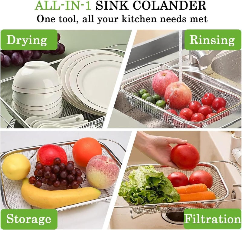 Goodern Over The Sink Colander,Stainless Steel Colander Strainer,Collapsible Colander Rectangular Sieve, Fine Mesh Strainer Baskets Kitchen Colander for Strain, Drain, Rinse Vegetables, Fruits - Image 2