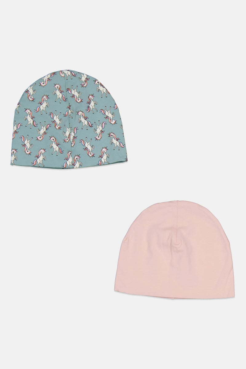 H&M Kids Girl 2 Piece Graphic Printed Beanie, Multicolor 