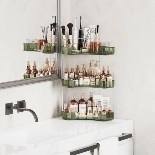 Asayuee 3Tier Corner Bathroom Counter Organizer with Top Toothbrush HoldersLarge Makeup Organizer Countertop with Brush HolderSkincare Organizers CornerExquisite Vanity Organizer Green 3 Tier - Image 3