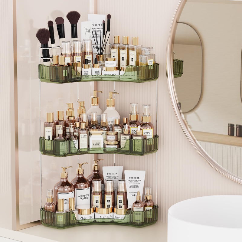 Asayuee 3Tier Corner Bathroom Counter Organizer with Top Toothbrush HoldersLarge Makeup Organizer Countertop with Brush HolderSkincare Organizers CornerExquisite Vanity Organizer Green 3 Tier - Image 2