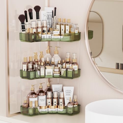 Asayuee 3Tier Corner Bathroom Counter Organizer with Top Toothbrush HoldersLarge Makeup Organizer Countertop with Brush HolderSkincare Organizers CornerExquisite Vanity Organizer Green 3 Tier - Image 1