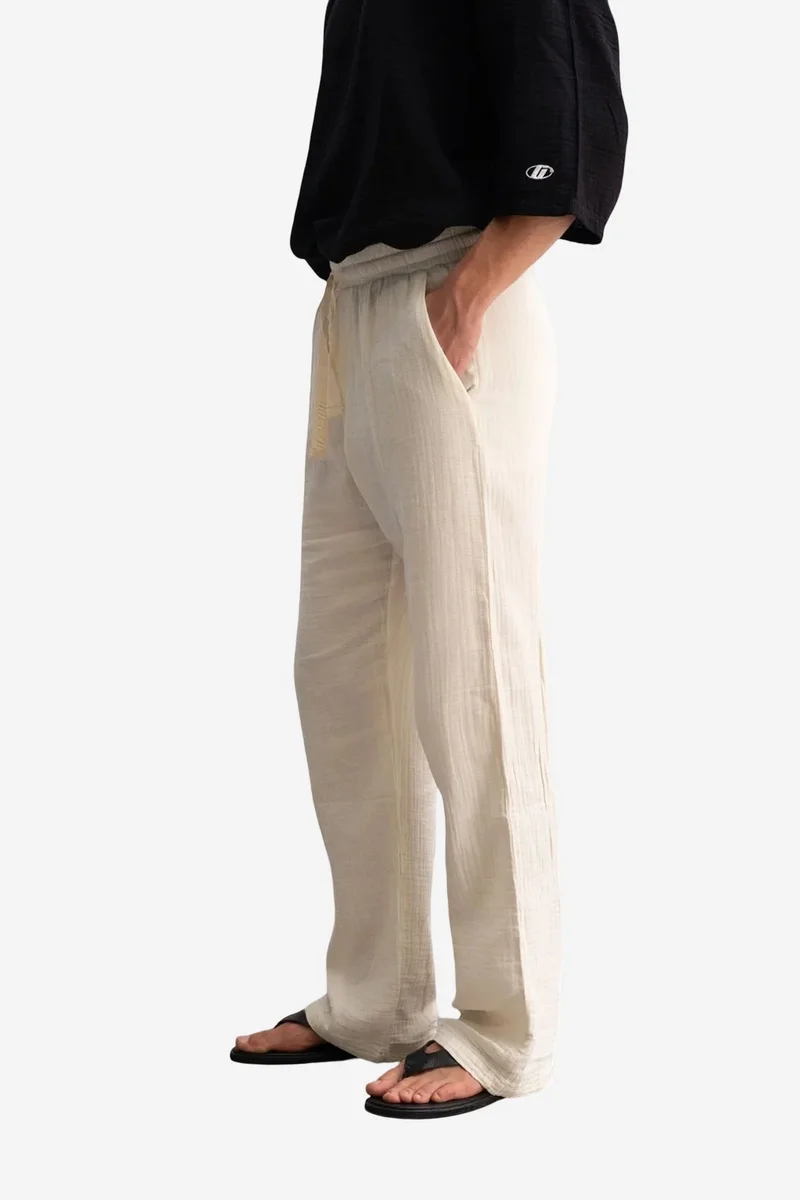 Giesto Dusty White GIESTO Relaxed Fit Textured Cotton Pants for Men | Best Price UAE