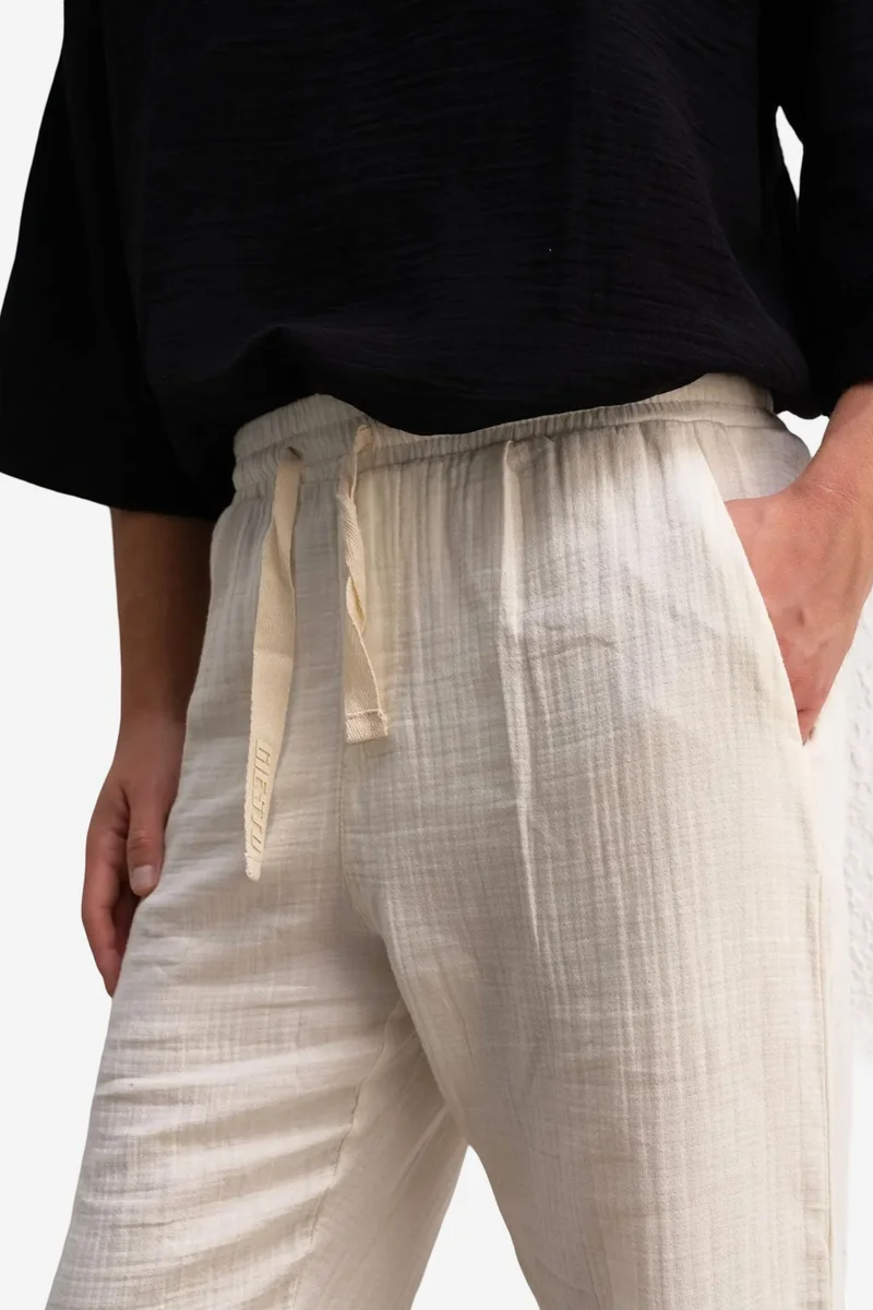 Giesto Dusty White GIESTO Relaxed Fit Textured Cotton Pants for Men | Best Price UAE