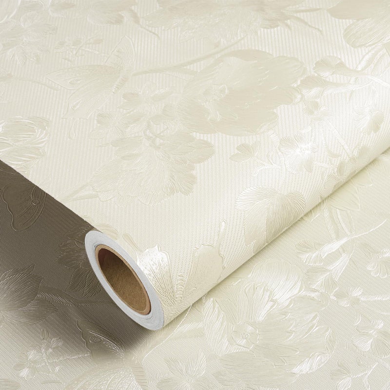 Wallink Vintage Silk Embossed Wallpaper Peel and Stick Beige Embossed Wallpaper Floral Textured 17.7"Ã—118" Beige Textured Wall Paper Waterproof Cream Floral Contact Paper for Drawers Cabinets Bedroom - Image 1