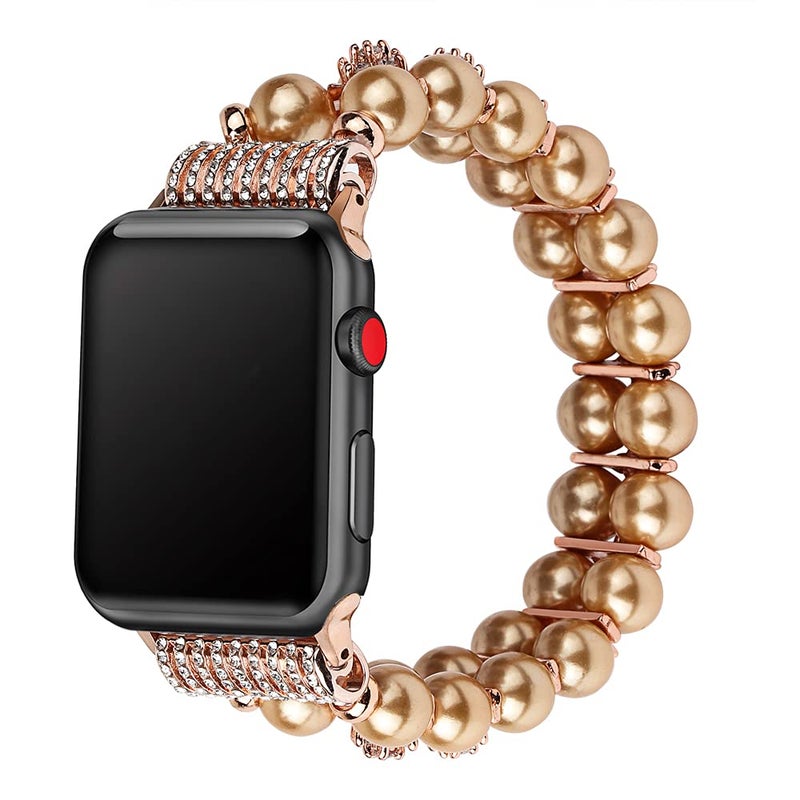 FITTO Natural Stone Beaded Strap Compatible with Apple Watch 42/44mm – Women’s Bracelet Band for SE/Series 7–1 (Gold) - Image 2