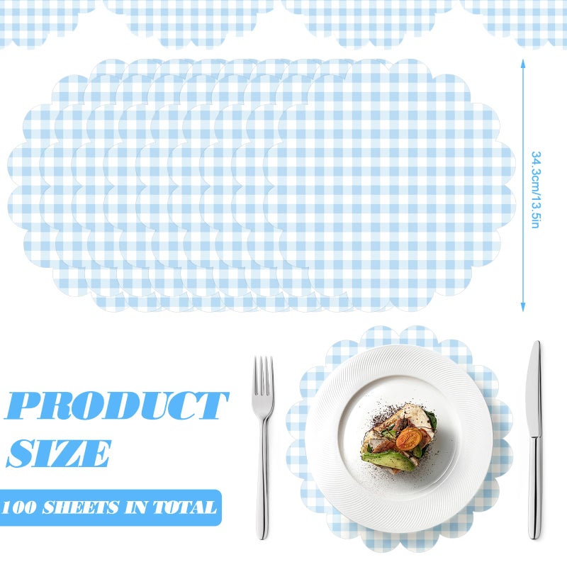 ElasignShopo 100Pcs Checkered Paper Placemats Light Blue Gingham Place Mats 13.5 Inch Disposable Round Decorative Dining Table Mat with Scalloped Edge Paper Cutouts Decor for Summer Picnic BBQ Table Party Supplies - Image 2