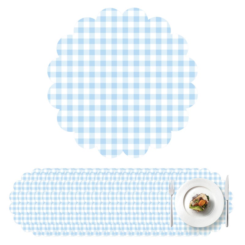 ElasignShopo 100Pcs Checkered Paper Placemats Light Blue Gingham Place Mats 13.5 Inch Disposable Round Decorative Dining Table Mat with Scalloped Edge Paper Cutouts Decor for Summer Picnic BBQ Table Party Supplies - Image 1
