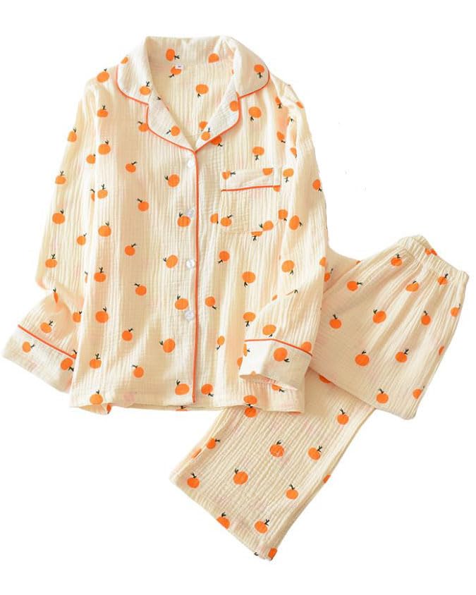 codcm Womens Cotton Gauze Pajama Set Long Sleeve Button Up Shirt and Pants 2 Piece Cute Printed Pj Set - Image 1