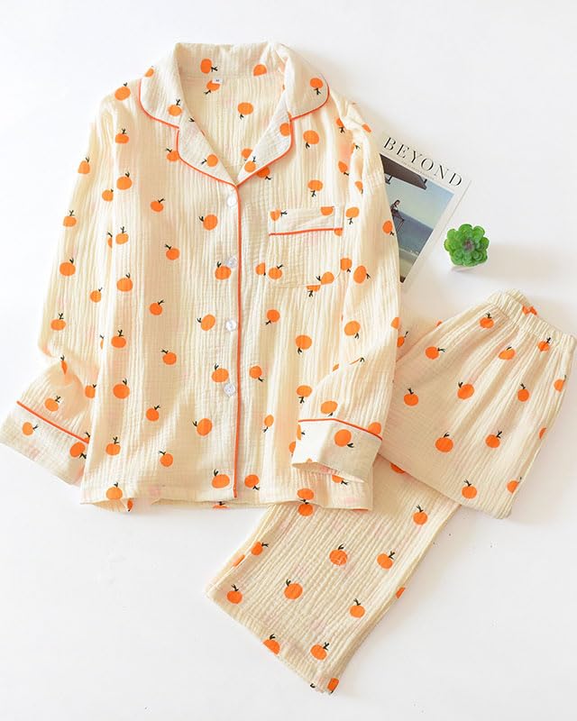 codcm Womens Cotton Gauze Pajama Set Long Sleeve Button Up Shirt and Pants 2 Piece Cute Printed Pj Set - Image 2