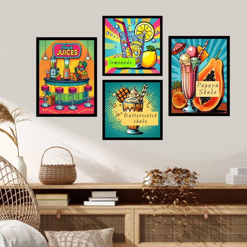 ARAkri Juice Shakes Theme Framed Wall Art Poster Prints Set of 4 for Restaurant Cafe Shop Dining Pop Art Paintings for Kitchen with Quotes Large