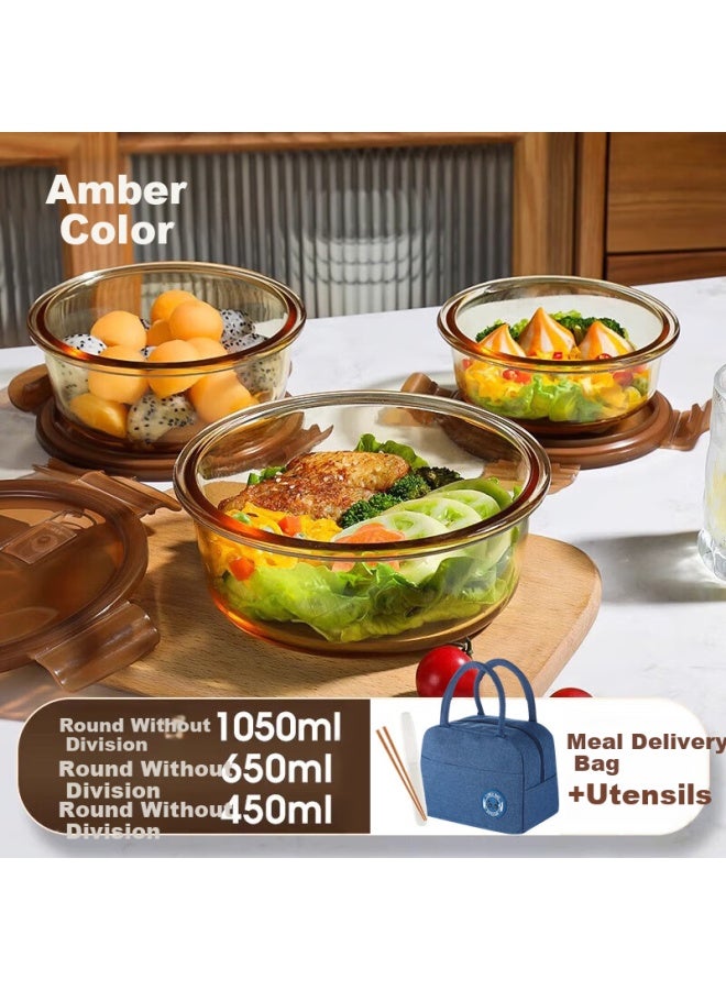 Cilock Glass Food Storage Container Set For Office Workers, Food Grade Refrigerator Storage Box, Bento Box, Microwave Heating, Round Three-piece Set - Image 1