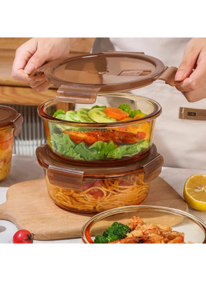 Cilock Glass Food Storage Container Set For Office Workers, Food Grade Refrigerator Storage Box, Bento Box, Microwave Heating, Round Three-piece Set - Image 4