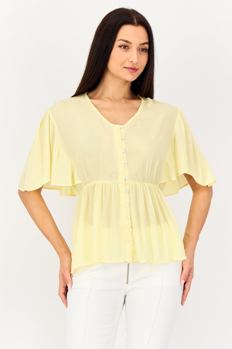 VERO MODA I Scenery By Vero Moda Women V Neck Pleated Flounce Sleeve Blouse, Yellow - Image 1