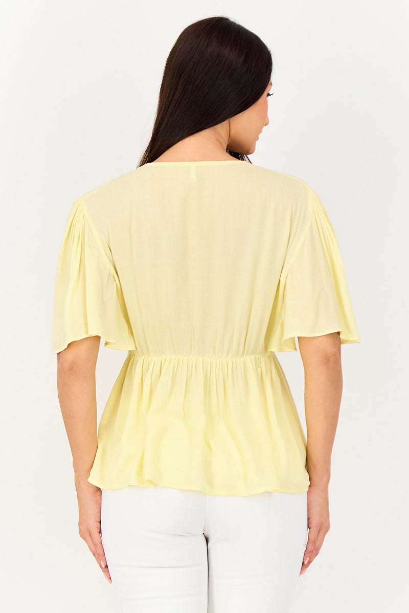 VERO MODA I Scenery By Vero Moda Women V Neck Pleated Flounce Sleeve Blouse, Yellow - Image 2