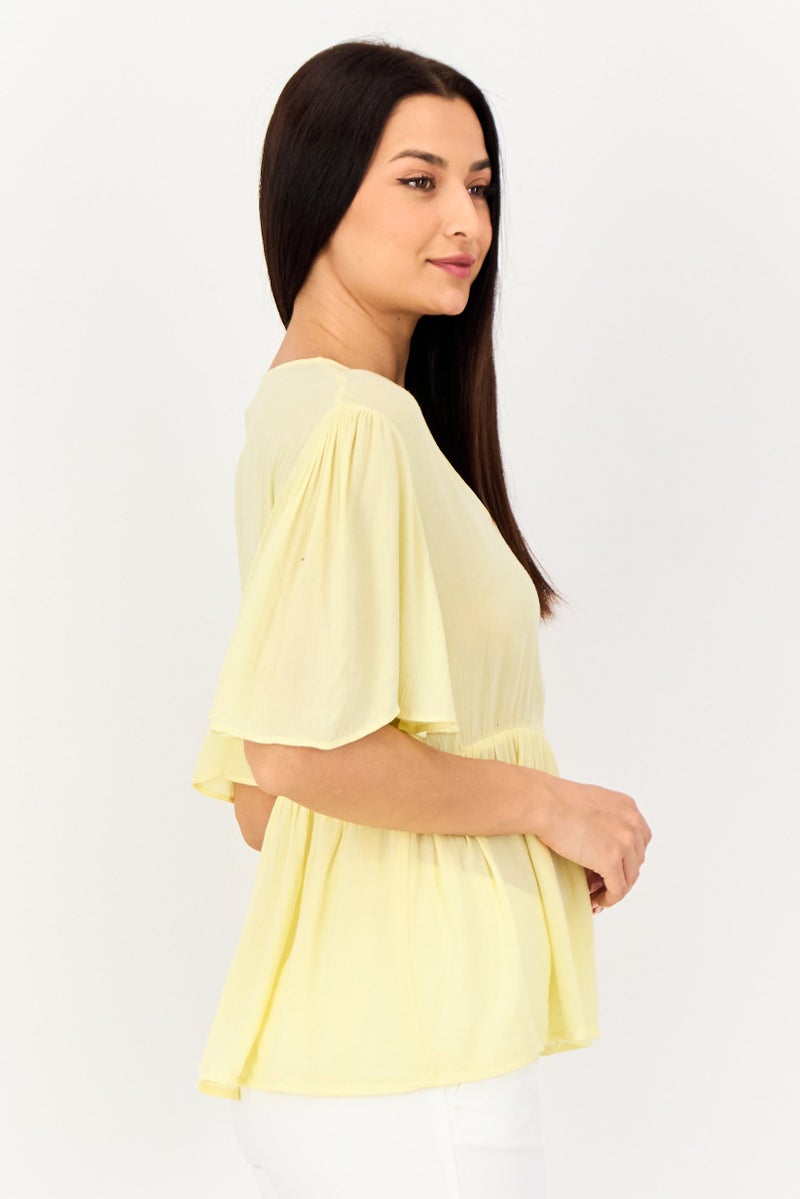 VERO MODA I Scenery By Vero Moda Women V Neck Pleated Flounce Sleeve Blouse, Yellow - Image 4