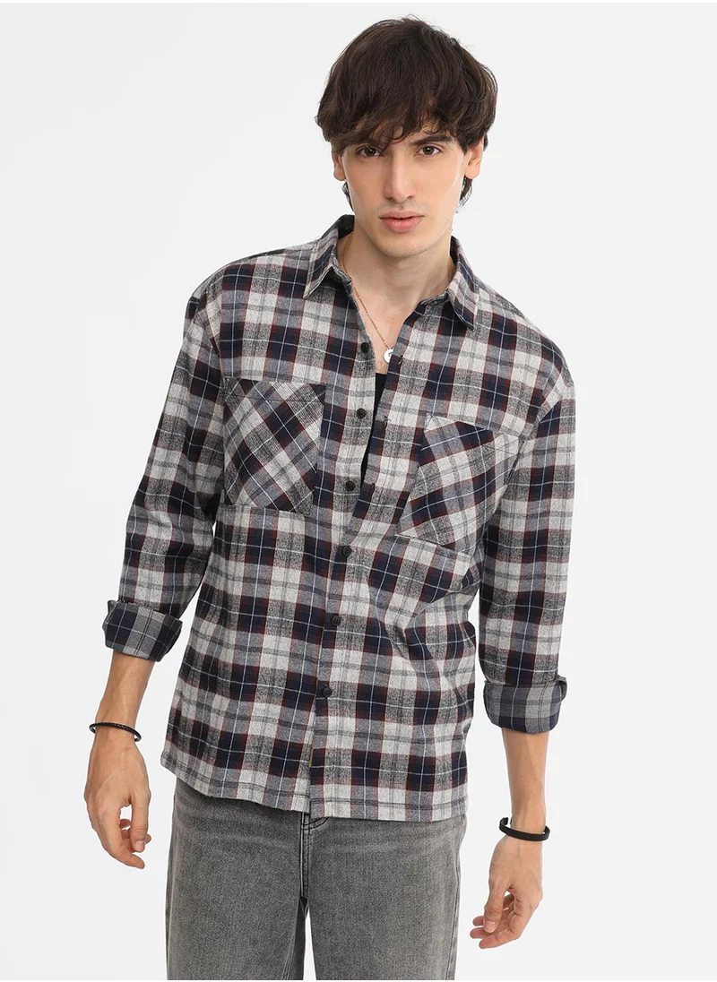 Campus Sutra Men's Navy Blue & Cloud Grey Tartan Plaid Shirt