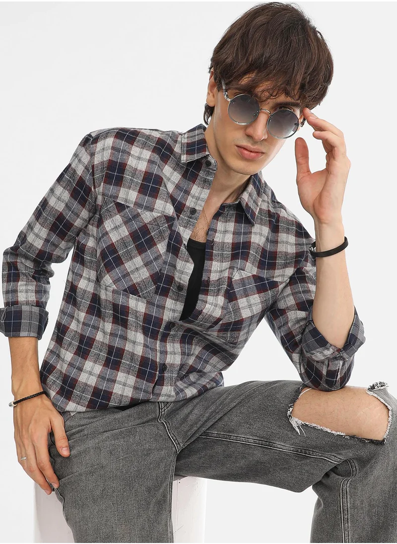 Campus Sutra Men's Navy Blue & Cloud Grey Tartan Plaid Shirt