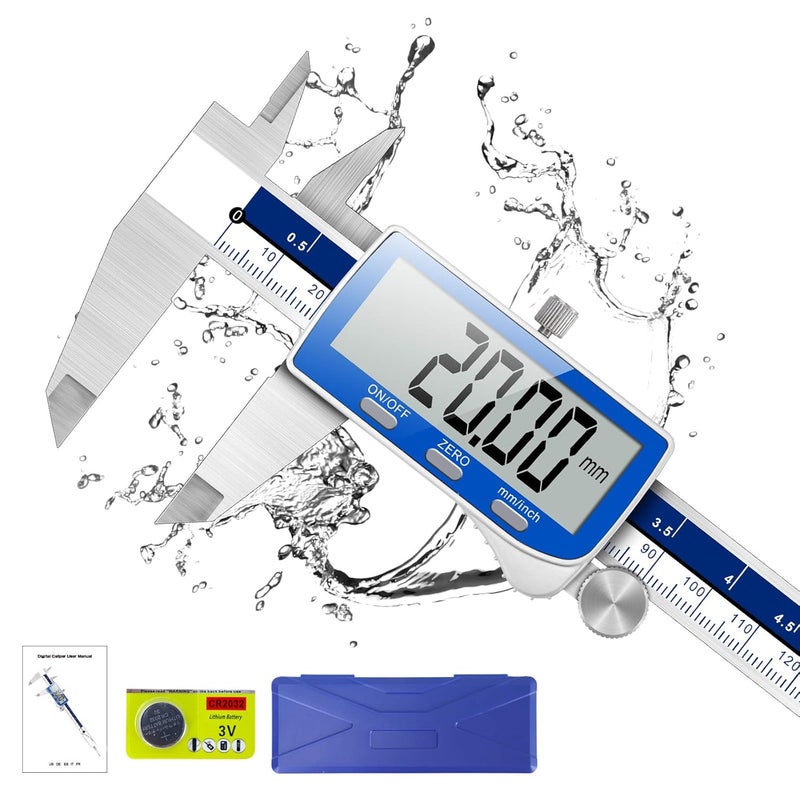 Qfun Digital Caliper, 0-6inch Caliper Measuring Tool Extreme Accuracy IP54 Waterproof Electronic Vernier Caliper Stainless Steel Digital Micrometer with Extra Large LCD Screen - Image 1