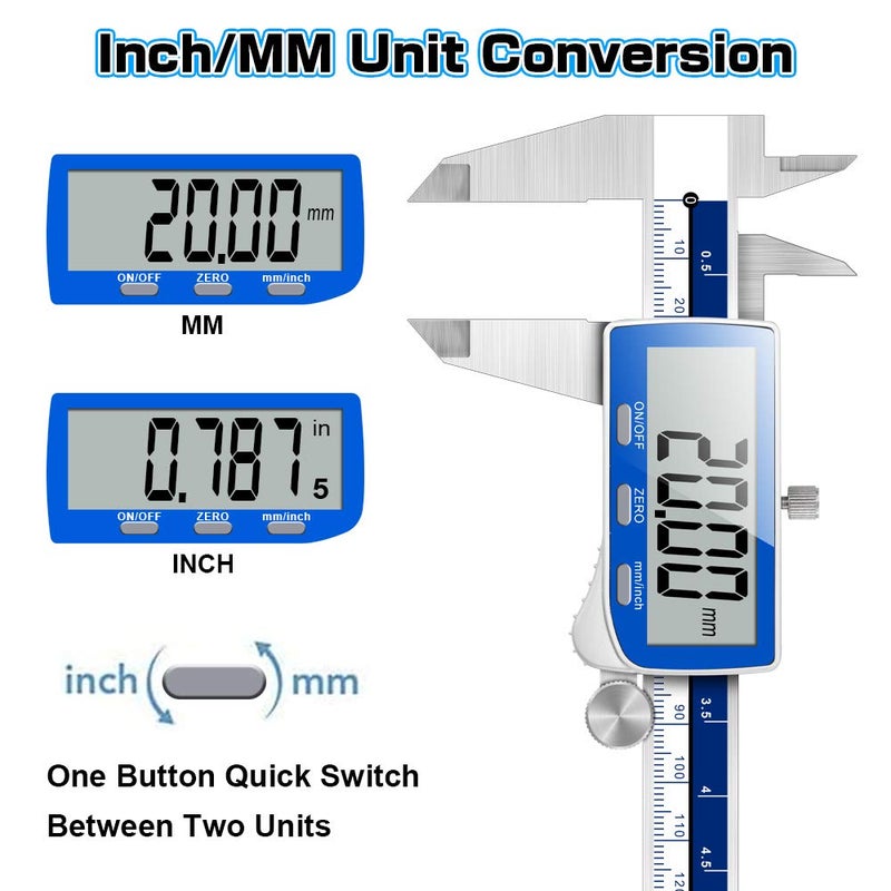 Qfun Digital Caliper, 0-6inch Caliper Measuring Tool Extreme Accuracy IP54 Waterproof Electronic Vernier Caliper Stainless Steel Digital Micrometer with Extra Large LCD Screen - Image 4