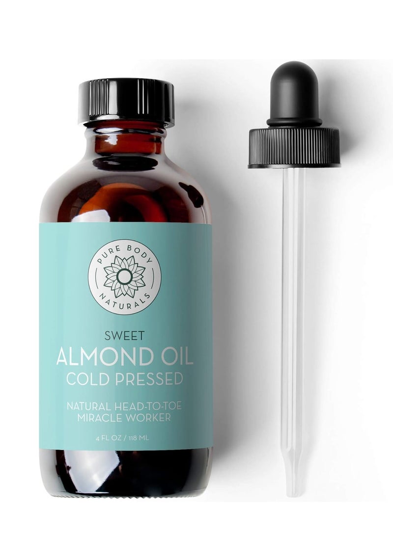 PURE BODY NATURALS Pure Body Naturals Sweet Almond Oil, 4 fl oz - Cold Pressed and 100% Pure - for Hair, Skin, Nails, Therapeutic Massage, Carrier Oil  - Image 1