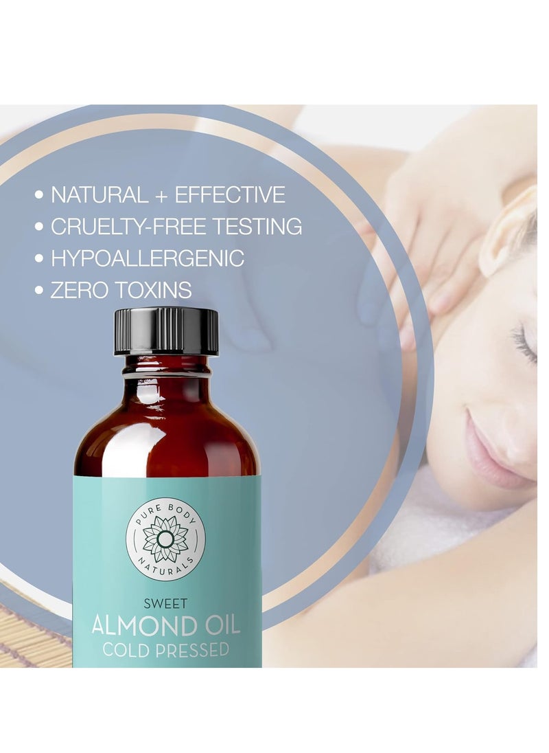 PURE BODY NATURALS Pure Body Naturals Sweet Almond Oil, 4 fl oz - Cold Pressed and 100% Pure - for Hair, Skin, Nails, Therapeutic Massage, Carrier Oil  - Image 2