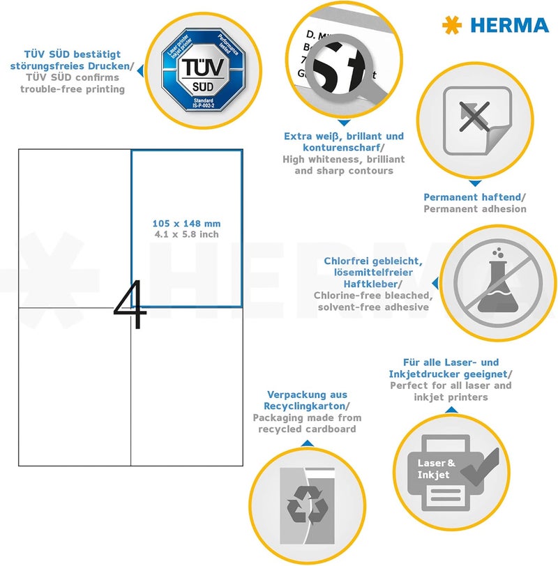Herma Self Adhesive Multi-Purpose Labels, 4 Labels Per A4 Sheet, 40 Labels For Laser And Inkjet Printers, Large, 105 x 148 mm (8630),White - Image 5