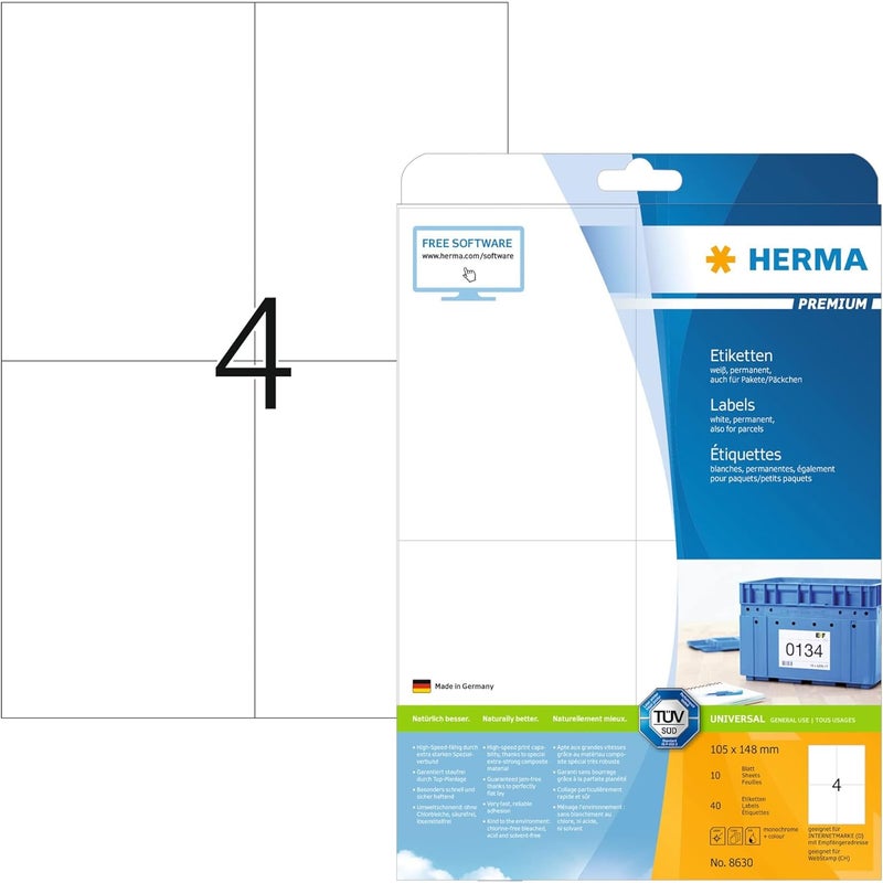 Herma Self Adhesive Multi-Purpose Labels, 4 Labels Per A4 Sheet, 40 Labels For Laser And Inkjet Printers, Large, 105 x 148 mm (8630),White - Image 1