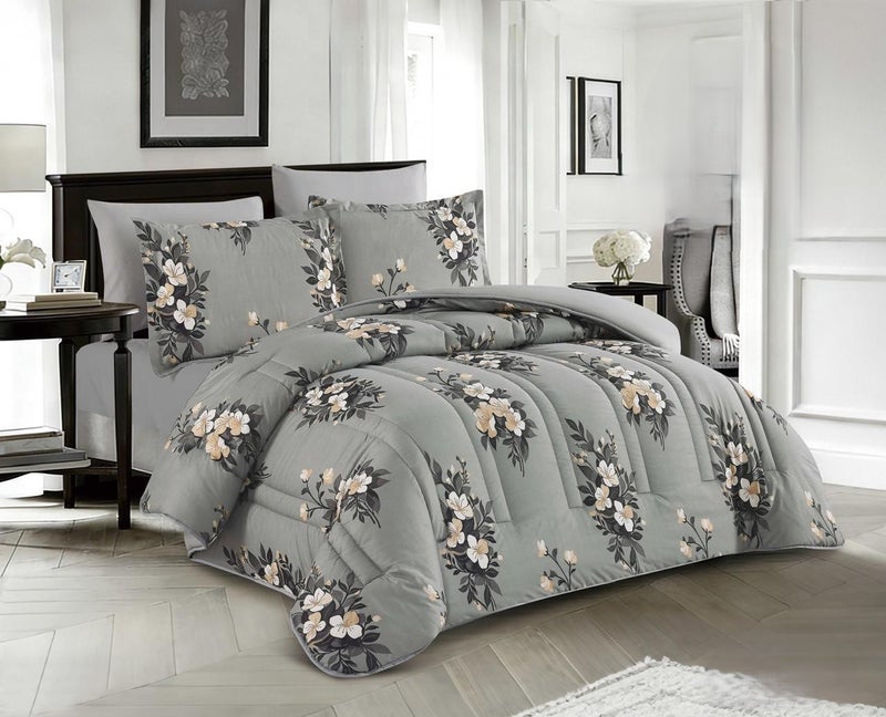 Happymoon Floral Microfiber Comforter Bedding Set 6 Pieces Luxury Soft Comforter Set with Fitted Sheet & Pillow Shams, 250x230 cm Lightweight Breathable Snap Closure Bed Set
