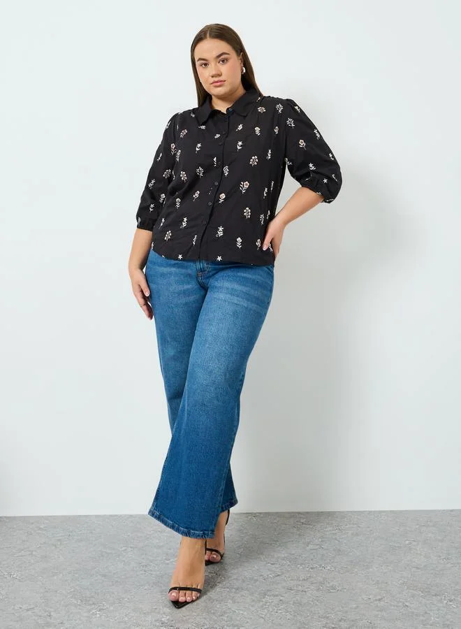 Styli Plus Size Floral Embroidered Cotton Shirt