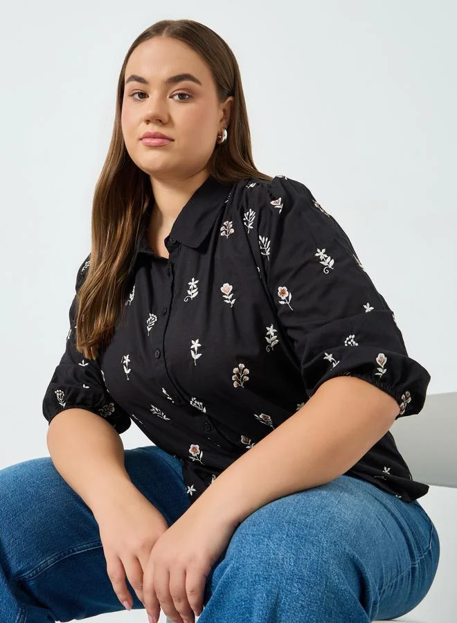 Styli Plus Size Floral Embroidered Cotton Shirt
