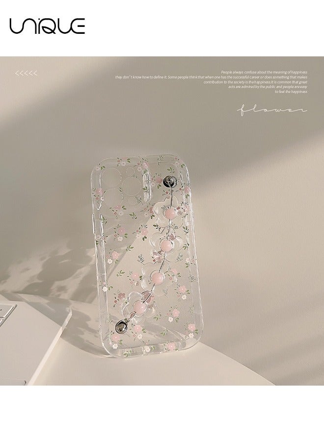 Unique Compatible with iPhone 15 Pro Max Cases, Pink and White Flower Pattern Cases, Clear Cases, Casecases with Floral Chain - Stylish and Simple Phone Cases - TPU Drop Protection - Image 2
