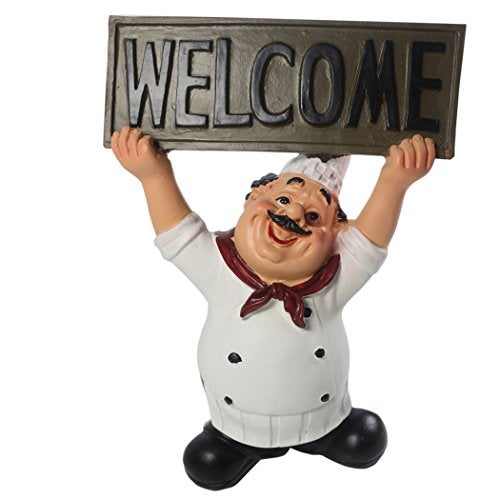 KiaoTime 15016C Italian Chef Figurines Kitchen Decor with Welcome Sign Board Plaque Home Kitchen Restaurant Decor 8" - Image 1