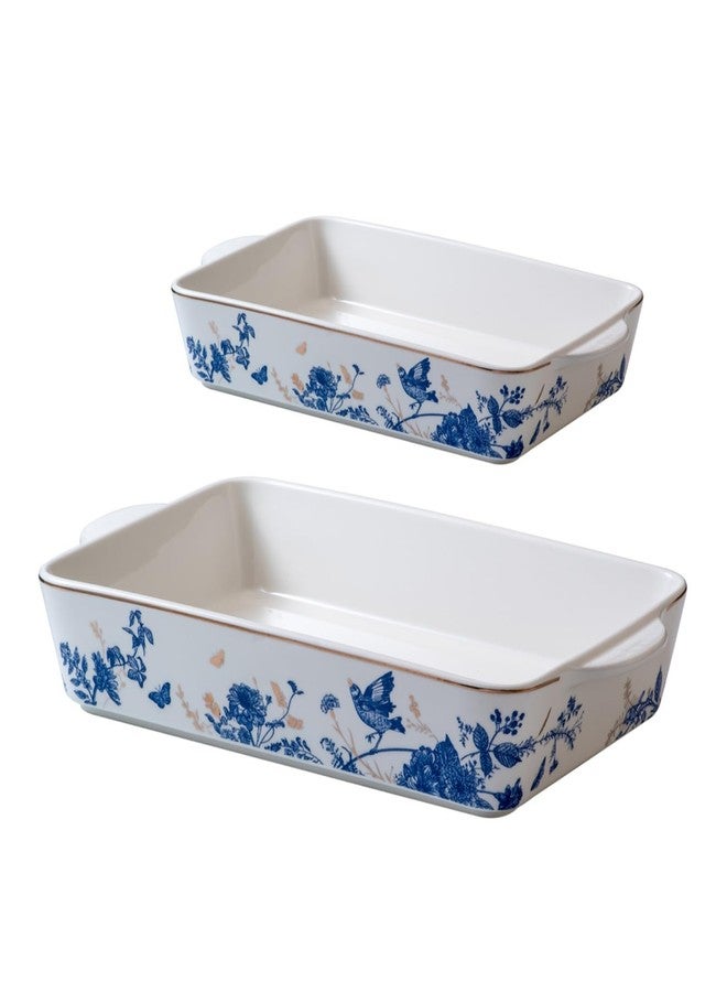 KAITOER Baking Pans Set of 2 Blue flower 14 inch Ceramic for Oven Large Casserole Baking Dish Set with Handles Porcelain Bakeware Sets Casserole Dish for Oven/Cooking/Kitchen/Cake Dinner/Turkey/Pumpkin/Thanksgiving Holiday Gifts - Image 1