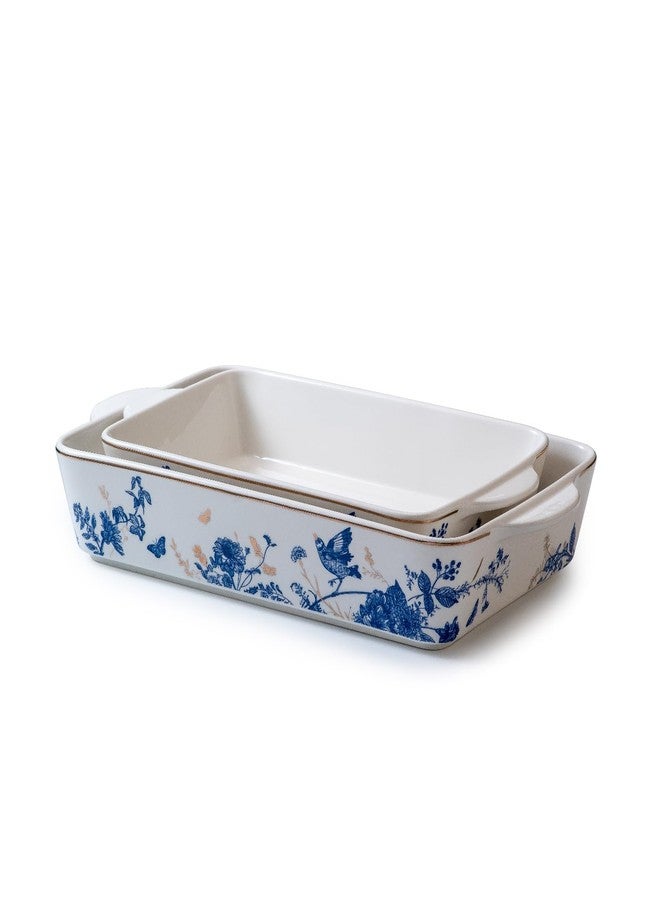 KAITOER Baking Pans Set of 2 Blue flower 14 inch Ceramic for Oven Large Casserole Baking Dish Set with Handles Porcelain Bakeware Sets Casserole Dish for Oven/Cooking/Kitchen/Cake Dinner/Turkey/Pumpkin/Thanksgiving Holiday Gifts - Image 2