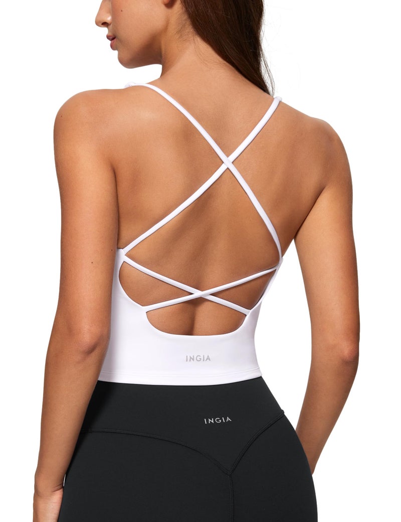 INGIA Womens V Neck Padded Tank Tops Spaghetti Criss Cross Strap Statement Strappy Back Casual Crop Top White Small - Image 1