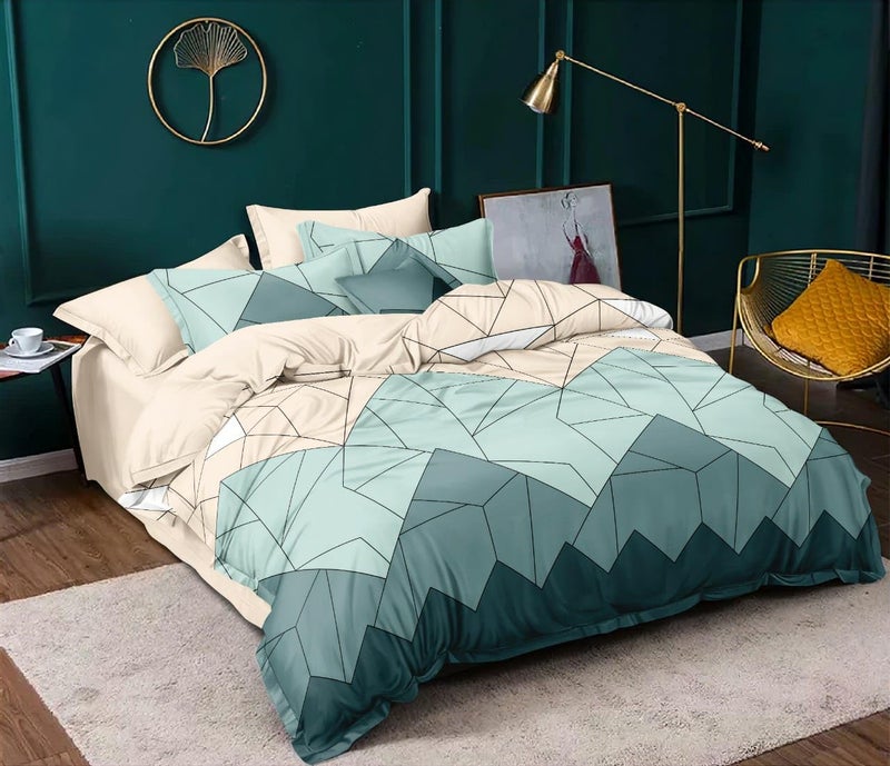 Sky Tex Green Color 300 TC Glace Cotton 3D Geometric Printed Double Bed Comforter Set with Fitted Bed Sheet (1 Comforter, 1 Fitted Bed Sheet & 2 Pillow Covers)