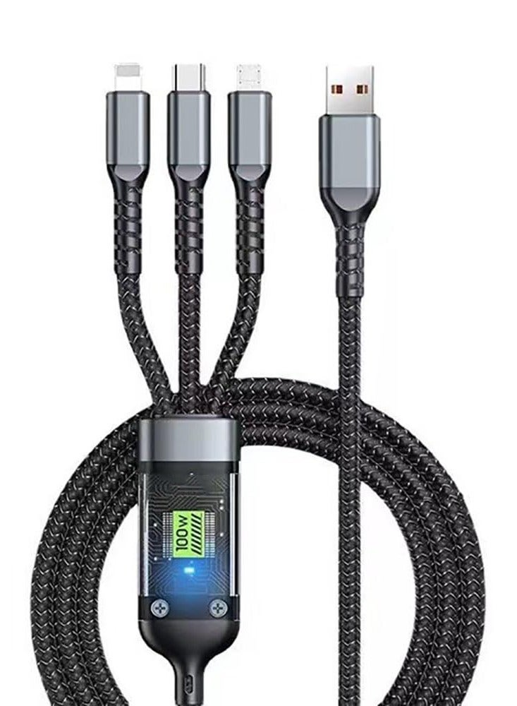 3 in 1 Multi Charging Cable 100W , Fast Charger Cord with Type-C, Micro USB & USB Ports , Transparent Design with LED Indicator , Durable Nylon Braided Cable for Smartphones & Tablets - Image 1