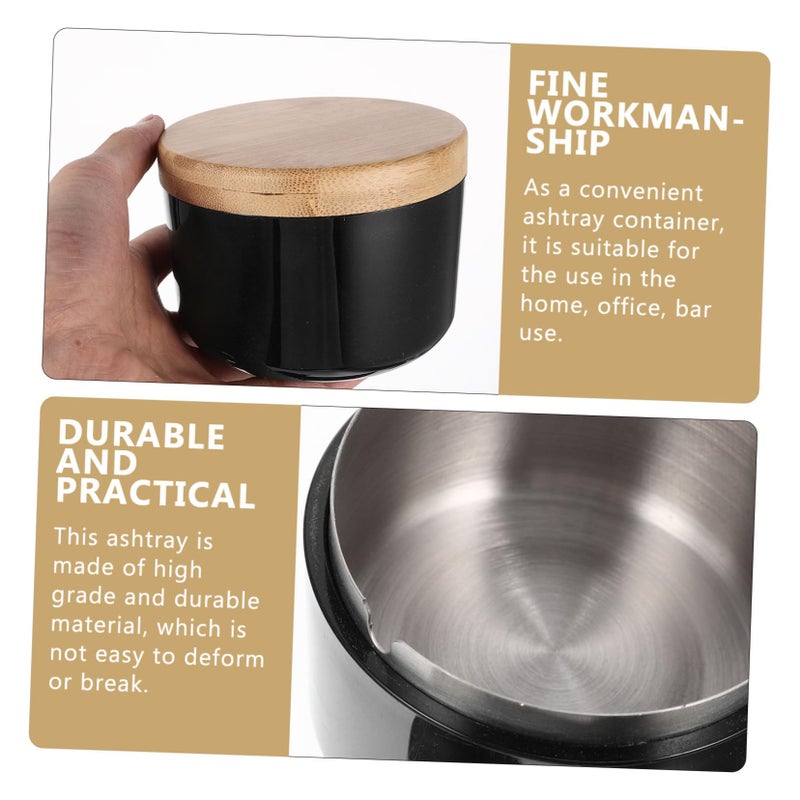Windproof Bamboo Lid Ashtray Black Tabletop Holder Home Decor Smoking Supplies - Image 3