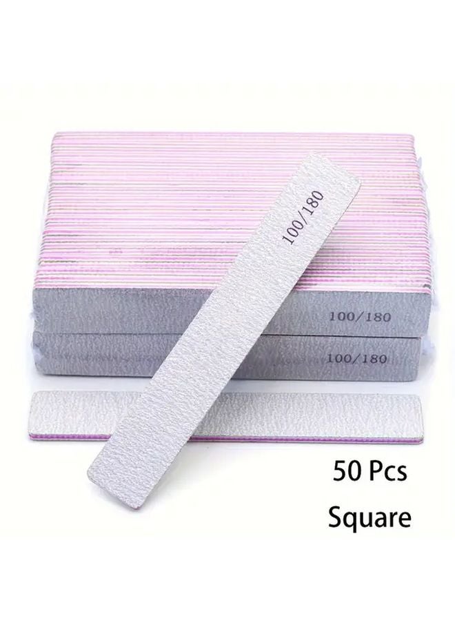50pcs Square Shape Nail Files 100 180 Grit Dual Sided Grey Sandpaper Strips For Acrylic Manicure - Image 1