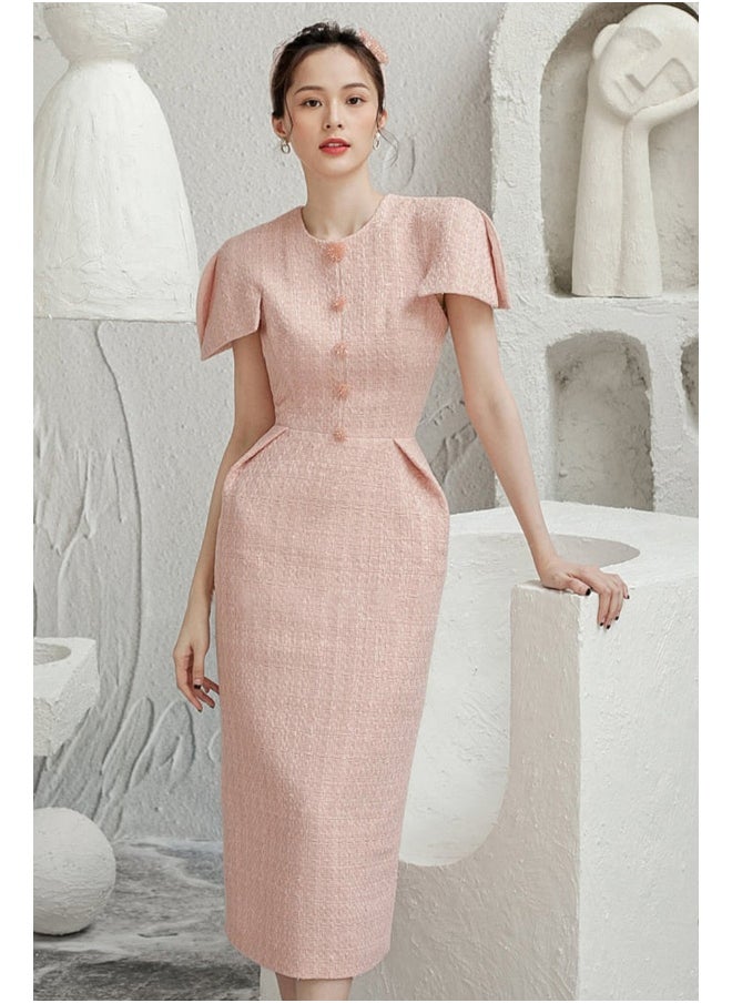 Madam Uniq Elegant Ladies' Soft Pink Tweed A-Line Dress - Chic Little Black Dress with a Feminine Touch  - Image 2