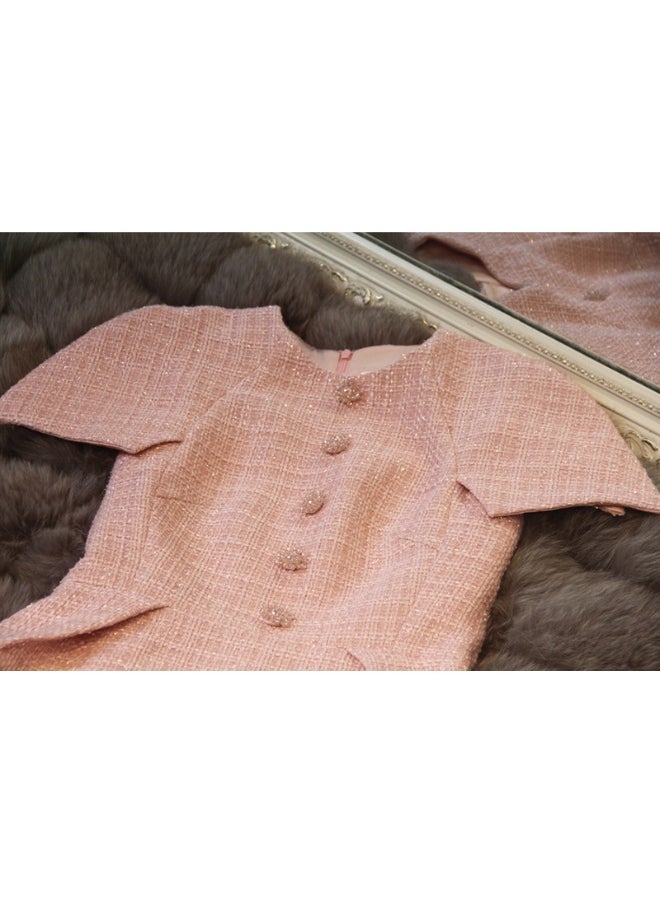 Madam Uniq Elegant Ladies' Soft Pink Tweed A-Line Dress - Chic Little Black Dress with a Feminine Touch  - Image 5